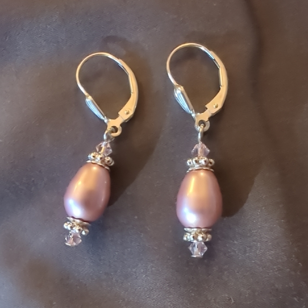 Sterling Silver Pink Glass Bead Leverback Earrings